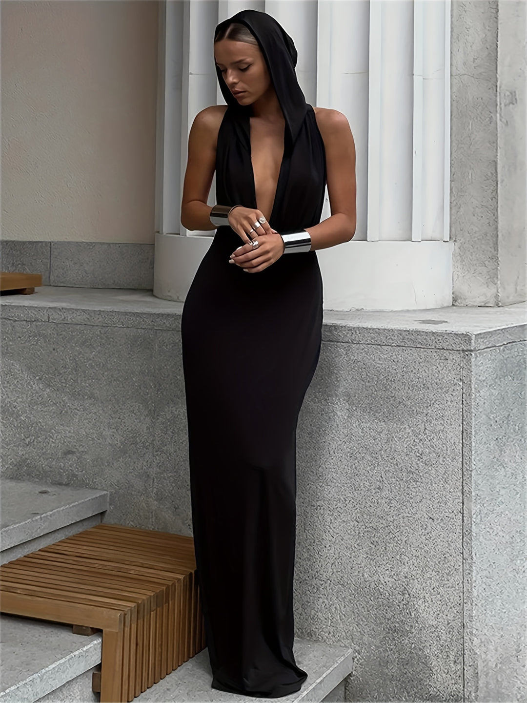 Deep V-neck Hooded Dress