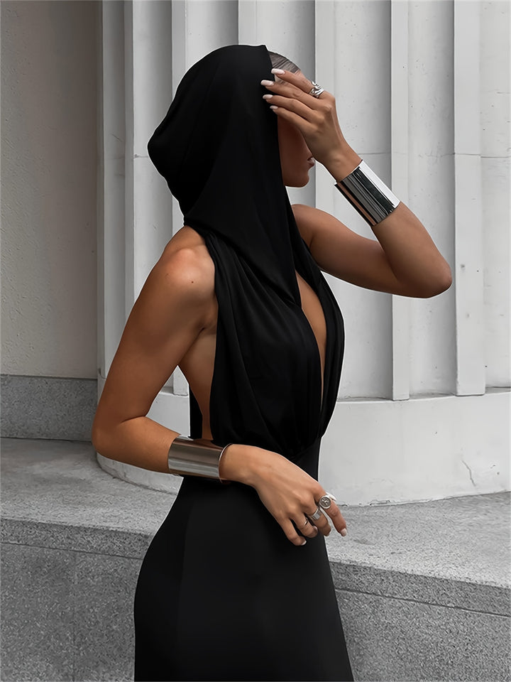 Deep V-neck Hooded Dress